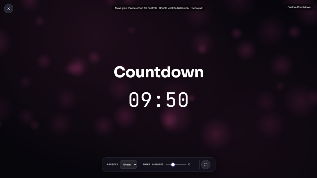 Fullscreen custom countdown showing days, hours, and minutes to a set date