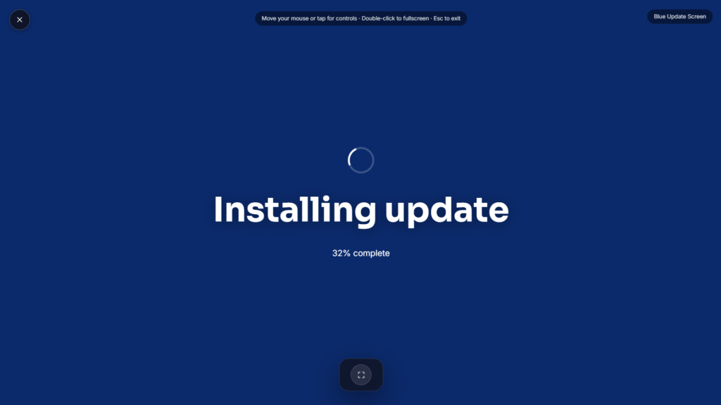 Fake Windows update screen showing a fullscreen progress bar