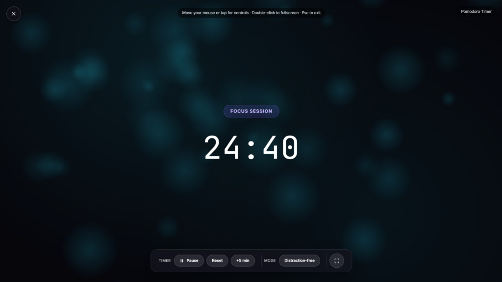 Fullscreen pomodoro timer counting down a 25-minute work block