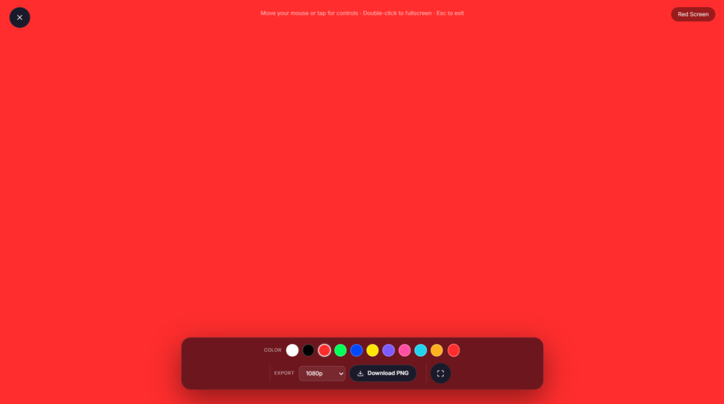 Red Screen tool showing full screen red display with controls