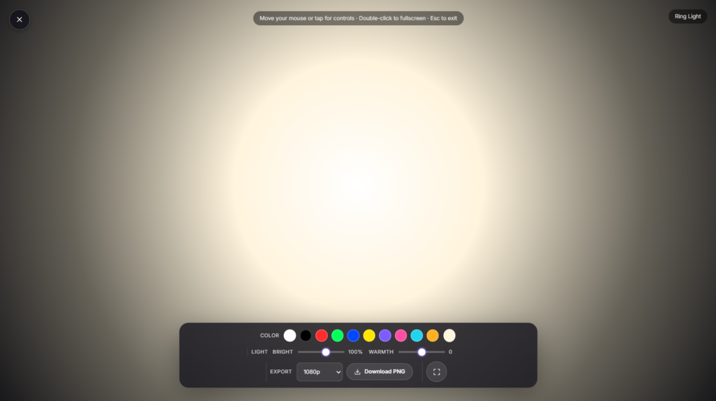 Fullscreen virtual ring light with adjustable brightness and color temperature