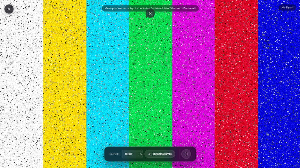 Retro No Signal colour bars breaking into static, fullscreen tool preview