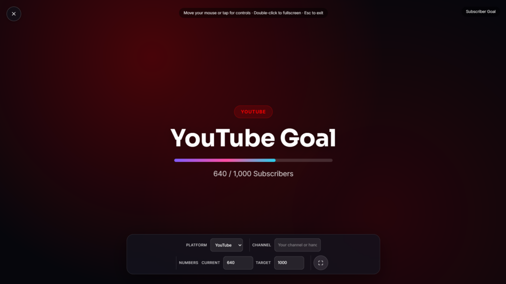 Subscriber Goal bar showing progress toward a target fullscreen