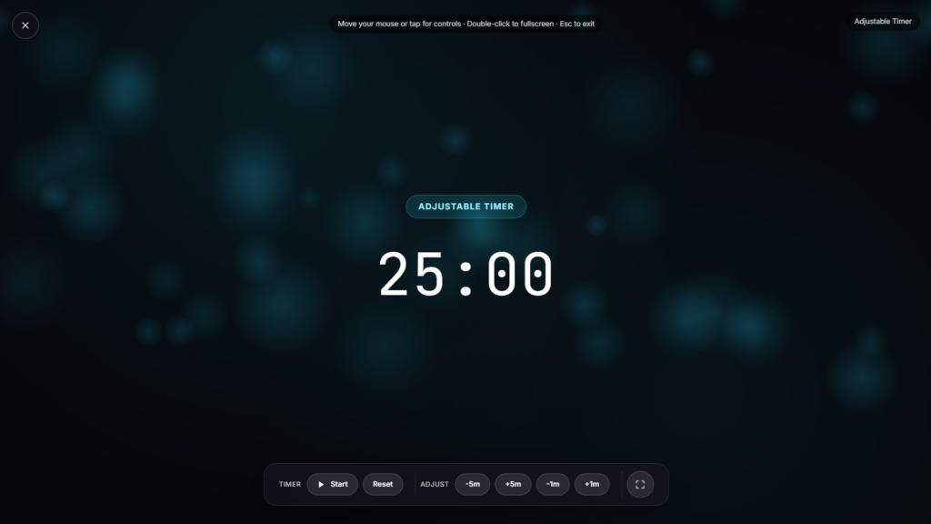 Fullscreen adjustable timer counting down a custom duration