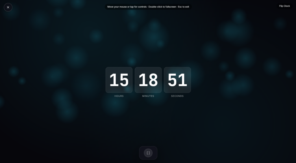 Fullscreen flip clock with retro split-flap digits showing the current time