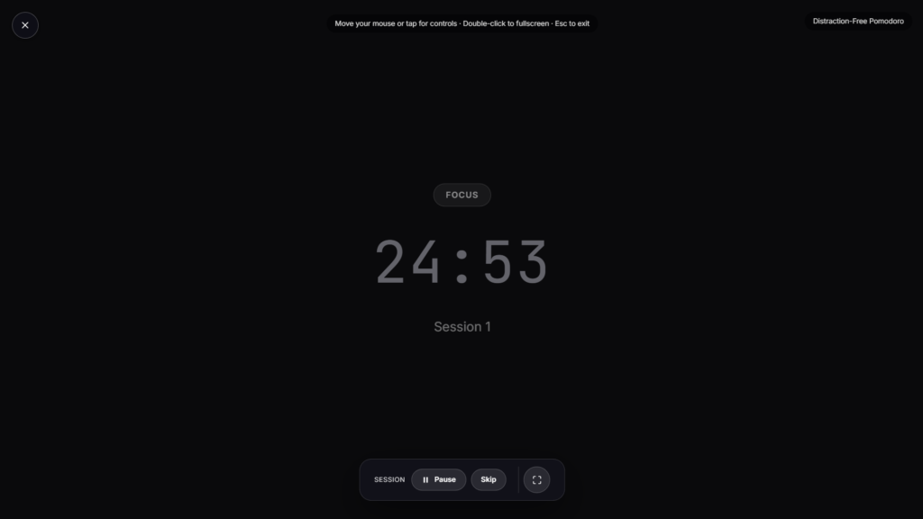 Fullscreen focus timer counting down a long, uninterrupted work session