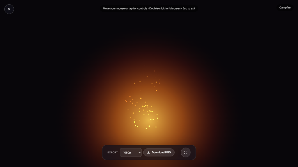 Fullscreen campfire with rising flames and glowing embers