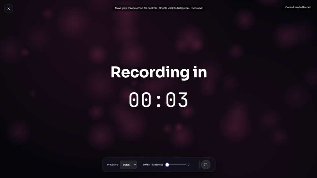 Recording timer showing elapsed time fullscreen during a podcast session