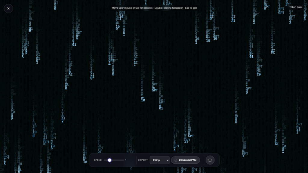 Token rain showing AI tokens falling down a dark screen