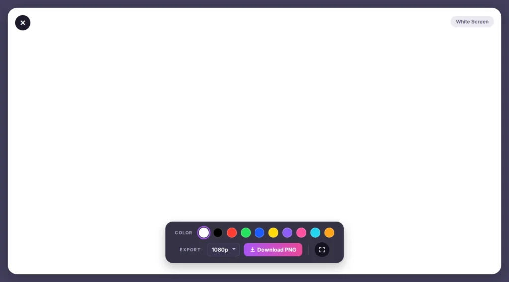 White Screen tool showing a full screen white display with colour and export controls