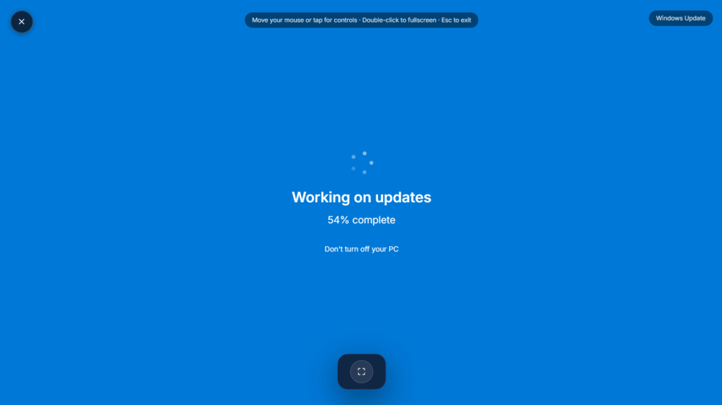 Fake windows update screen showing a fullscreen progress bar