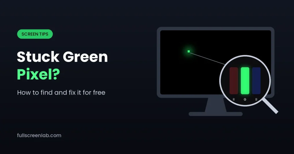 A stuck green pixel glowing on a black monitor screen, magnified to show its lit green subpixel