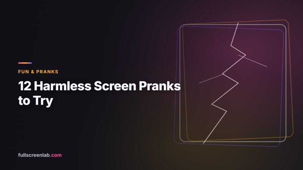 Editorial banner with a cracked-screen line-art motif in pink and amber, for an article about harmless screen pranks