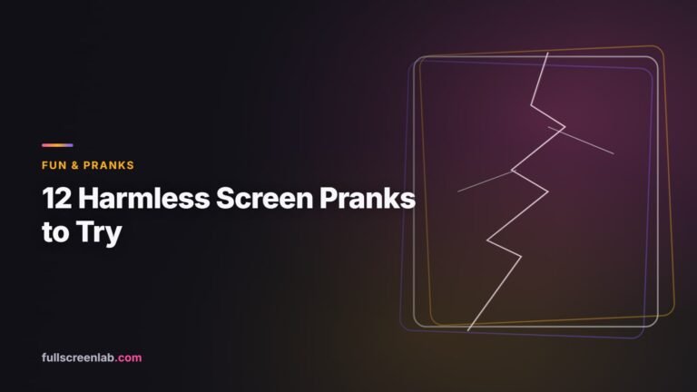 Editorial banner with a cracked-screen line-art motif in pink and amber, for an article about harmless screen pranks
