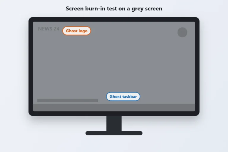 Grey test screen showing a faint ghost logo and taskbar from screen burn-in